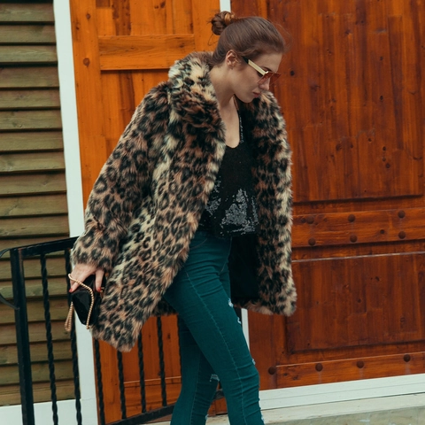 Damen Vintage Leopardenmuster Kunstpelzmantel Eleganter Umlegekragen Verdickte Warme Mittellange Winter Plüschjacke Oberbekleidung