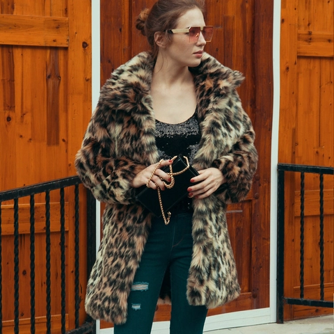 Damen Vintage Leopardenmuster Kunstpelzmantel Eleganter Umlegekragen Verdickte Warme Mittellange Winter Plüschjacke Oberbekleidung