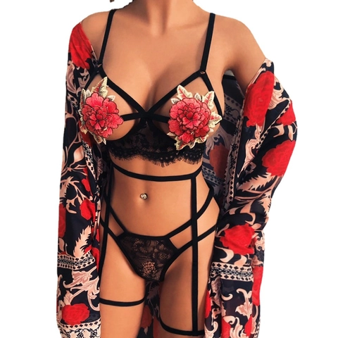 Set di Lingerie Sexy in Pizzo da Donna Con Ricamo Floreale Reggiseno Mutandine Reggicalze Biancheria Intima Romantica per San Valentino