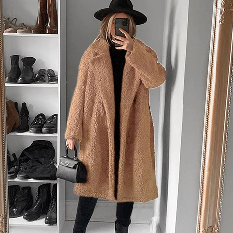 Women Casual Long Teddy Bear Faux Fur Coat Thick Warm Winter Notched Lapel Oversized Fleece Jacket Outerwear