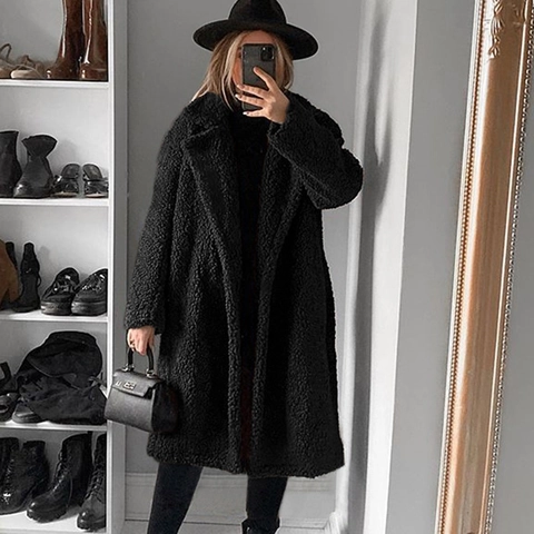 Women Casual Long Teddy Bear Faux Fur Coat Thick Warm Winter Notched Lapel Oversized Fleece Jacket Outerwear