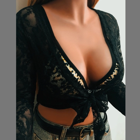 Mujer Elegante Cárdigan de Encaje Floral Corto Chaqueta Solar Cuello en V Lazo Delantero Transparente Top
