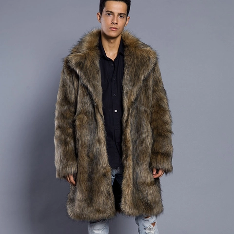 Abrigo de Moda de Piel de Zorro Sintética para Hombre Gabardina Larga de Invierno Sobretodo de Piel Gruesa Chaqueta Casual