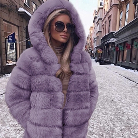 Women's Mid-Length Faux Fur Coat Hooded Long Sleeve Fluffy Winter Warm Horizontal Striped Quilted Jacket Outerwear