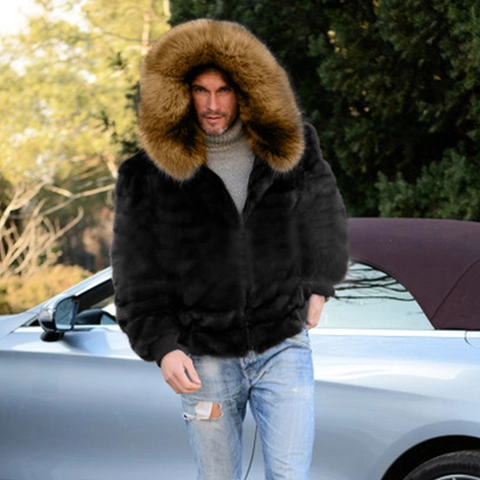 Cappotto da Uomo di Lusso in Pelliccia Sintetica con Cappuccio Grande Collo di Pelliccia Invernale Calda Giacca Casual Nera
