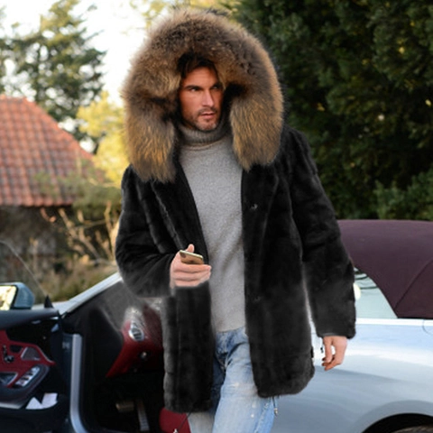 Abrigo de Piel de Zorro Sintética de Lujo para Hombre Invierno Cálido con Capucha Chaqueta de Piel Sintética Media-Larga