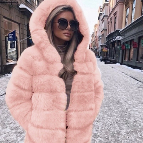 Women's Mid-Length Faux Fur Coat Hooded Long Sleeve Fluffy Winter Warm Horizontal Striped Quilted Jacket Outerwear