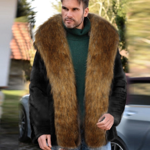 Men's Winter Thick Faux Fur Coat With Oversized Contrast Color Collar Warm Faux Fox Fur Jacket Luxurious Long Sleeve Outerwear