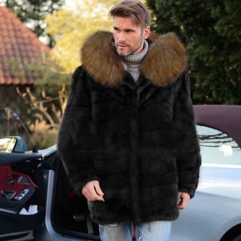 Abrigo de Piel de Zorro Sintética de Lujo para Hombre Invierno Cálido con Capucha Chaqueta de Piel Sintética Media-Larga