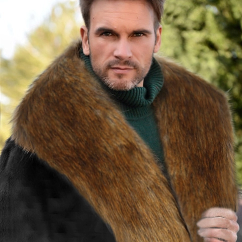 Men's Winter Thick Faux Fur Coat With Oversized Contrast Color Collar Warm Faux Fox Fur Jacket Luxurious Long Sleeve Outerwear