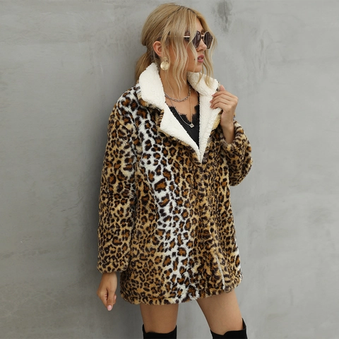 Damen Mode Leopardenmuster Kunstpelz Mantel Winter Warm Kontrast Weiß Lammwolle Revers Mittellang Pendler Außenbekleidung Jacke