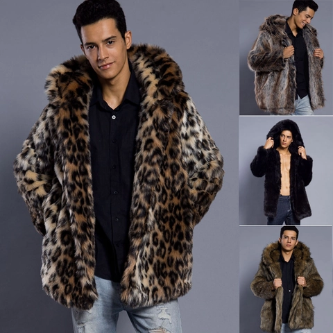 Abrigo con Capucha de Piel Sintética de Lujo para Hombre Invierno Cálido Largo Medio Estampado de Leopardo Negro Chaqueta de Piel Artificial