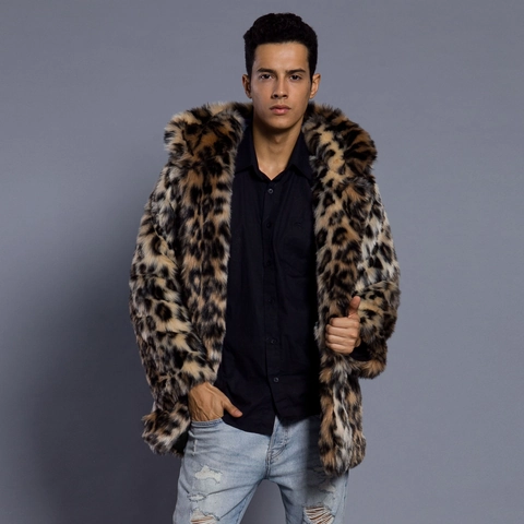 Abrigo con Capucha de Piel Sintética de Lujo para Hombre Invierno Cálido Largo Medio Estampado de Leopardo Negro Chaqueta de Piel Artificial