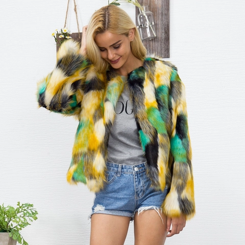 Women Faux Fur Jacket Geometric Patchwork Color Block Round Neck Long Sleeve Warm Casual Fashion Outerwear Coat