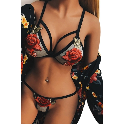 Women Sexy Rose Embroidered Lingerie Set Wireless Strappy Triangle Bra And Thong Panty Set