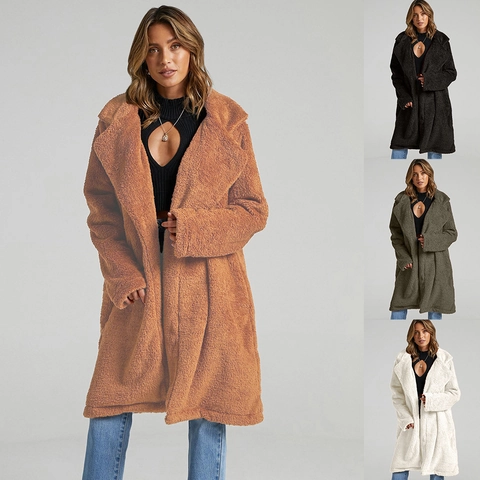 Damen Mittellanger Teddy-Fleece-Mantel Kunstfell Jacke Winter Warm Oversized Reverskragen Offene Vorderseite Streetwear