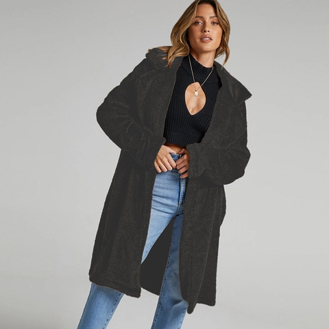 Damen Mittellanger Teddy-Fleece-Mantel Kunstfell Jacke Winter Warm Oversized Reverskragen Offene Vorderseite Streetwear