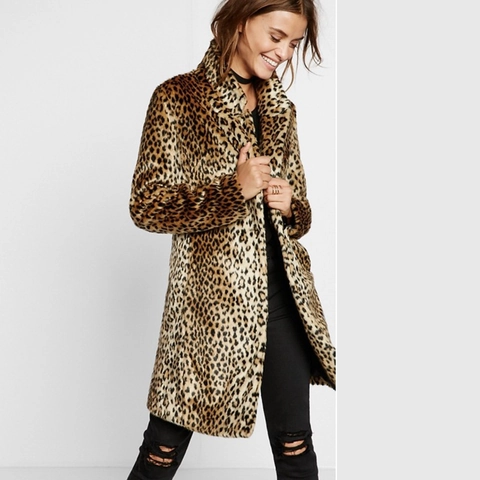 Women's Leopard Print Faux Fur Coat Mid-Length Long Sleeve Winter Warm Outerwear Fashion Lapel Thick Plush Jacket