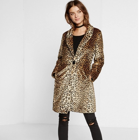Women's Leopard Print Faux Fur Coat Mid-Length Long Sleeve Winter Warm Outerwear Fashion Lapel Thick Plush Jacket