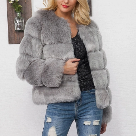 Women's Fashion Faux Fur Jacket Horizontal Paneled Round Neck Long Sleeve Short Coat Autumn Winter Warm Outerwear