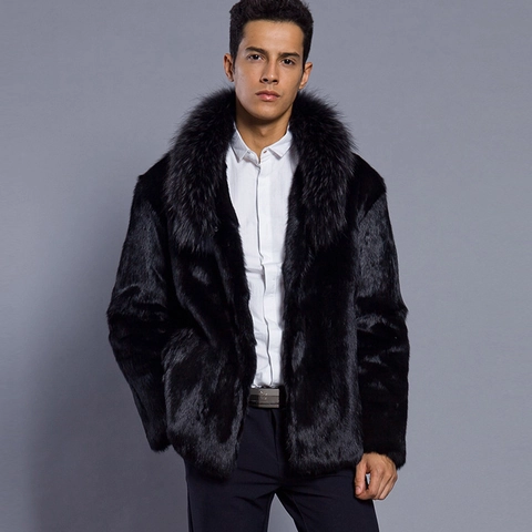Cappotto da Uomo di Lusso in Pelliccia Sintetica Invernale Caldo Nero Con Grande Collo di Pelliccia Elegante Casual Business