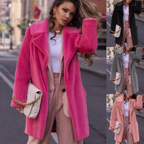 Cappotto Elegante in Pelliccia Sintetica da Donna Lunghezza Media Giacca di Peluche Calda Con Risvolto Autunno Inverno Pendolarismo Tinta Unita