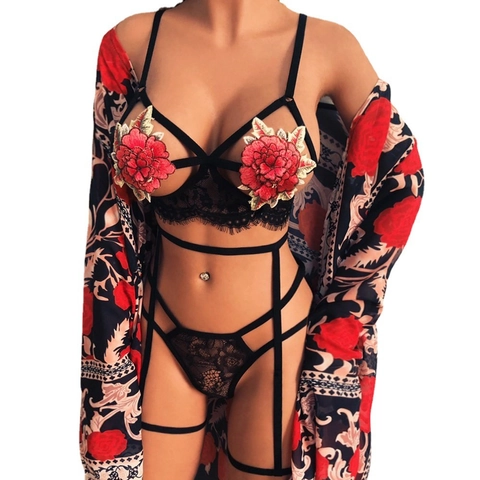 Damen Sexy Lingerie Set Mit Stickerei Mesh BH Und Tanga Nachtwäsche Robe 3-Teiliges Sommer Slim Schlafanzug Set