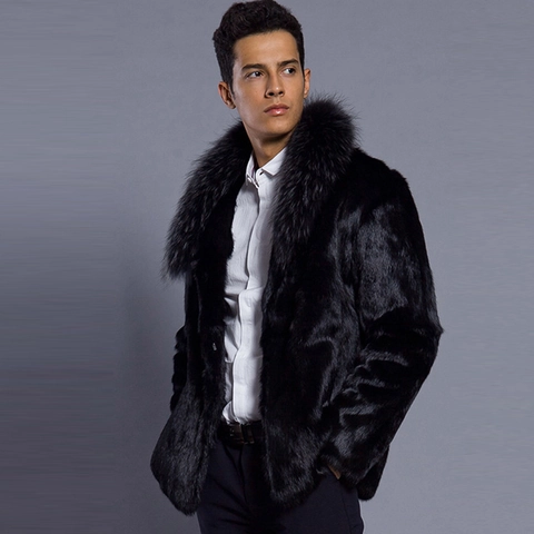 Cappotto da Uomo di Lusso in Pelliccia Sintetica Invernale Caldo Nero Con Grande Collo di Pelliccia Elegante Casual Business
