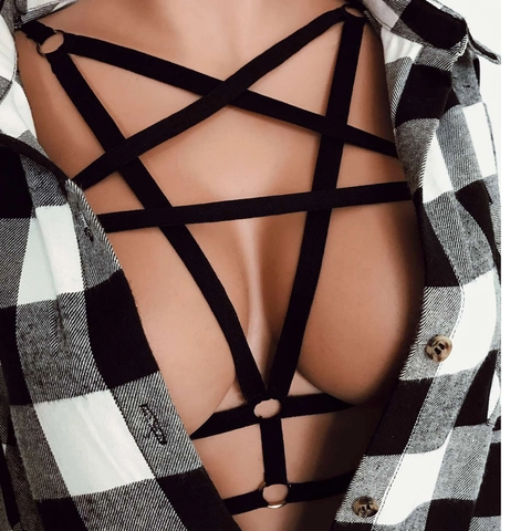 Damen Sexy Schwarz Body Harness Pentagramm Punk Gothic Elastische Riemchen Käfig BH Dekoration Zubehör Stern Geometrisches Top