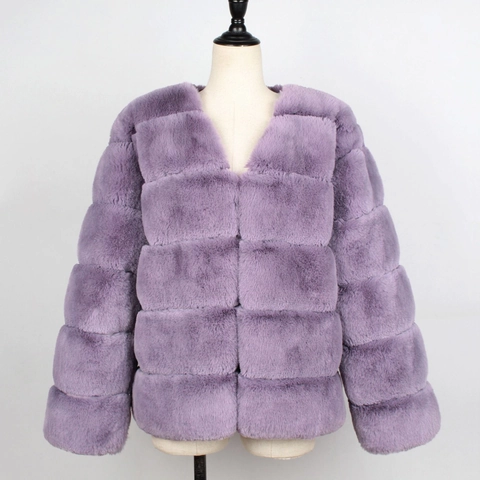 Women Faux Fur Jacket V Neck Paneled Long Sleeve Warm Winter Outerwear Streetwear Fluffy Solid Color Coat