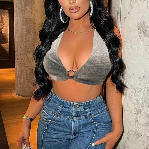 Women Sexy Halter V-Neck Crop Top Metal Ring Cut Out Sleeveless Backless Slim Fit Tank Top Solid Color Leopard Print Camisole