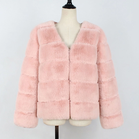 Women Faux Fur Jacket V Neck Paneled Long Sleeve Warm Winter Outerwear Streetwear Fluffy Solid Color Coat