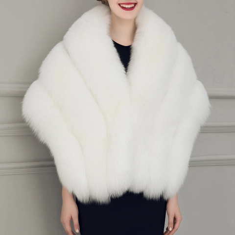 Women's Elegant Faux Fur Shawl Wrap Bridal Wedding Party Evening Cape Autumn Winter Thick Warm Plush Scarf Solid Color