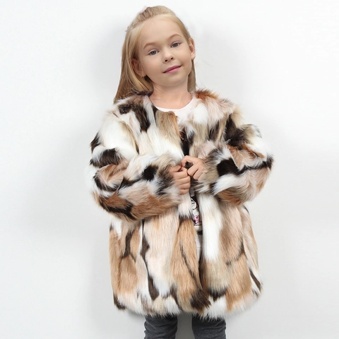 Giacca in Pelliccia Sintetica per Bambina Moda Multicolore Patchwork Spessa Calda a Maniche Lunghe per Autunno Inverno All'aperto