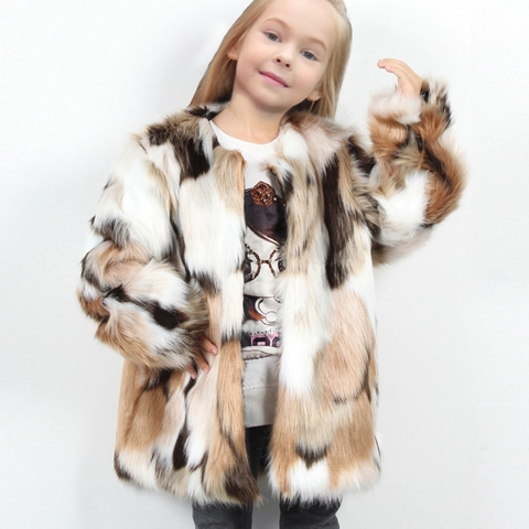 Giacca in Pelliccia Sintetica per Bambina Moda Multicolore Patchwork Spessa Calda a Maniche Lunghe per Autunno Inverno All'aperto