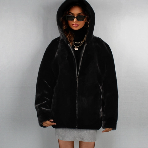 Giacca da Donna alla Moda in Pelliccia Sintetica con Cappuccio Autunno Inverno Casual Ampio Cappotto di Peluche con Cerniera Nero Caldo