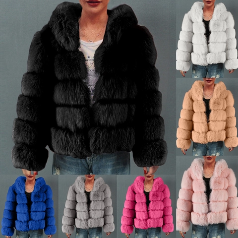 Dames Mode Kunstbont Jas Met Capuchon Kort Dik Warm Winterjas Zacht Effen Kleur Horizontale Stiksels