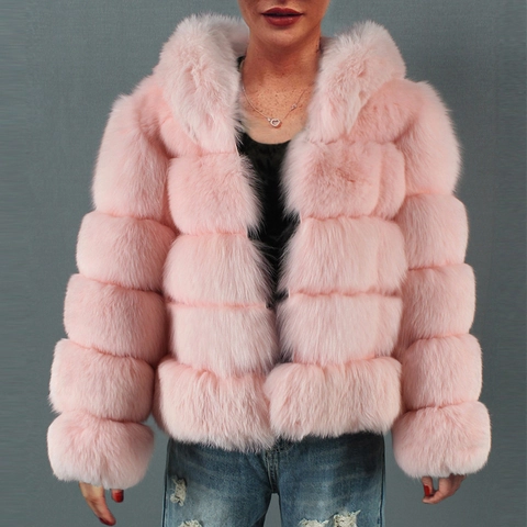 Dames Mode Kunstbont Jas Met Capuchon Kort Dik Warm Winterjas Zacht Effen Kleur Horizontale Stiksels