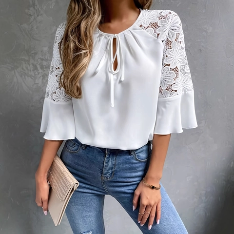 Elegante Weiße Damenbluse Mit Spitzen-Patchwork Bindehals Glockenärmel Einfarbig Casual Office Hemd Fashion Top