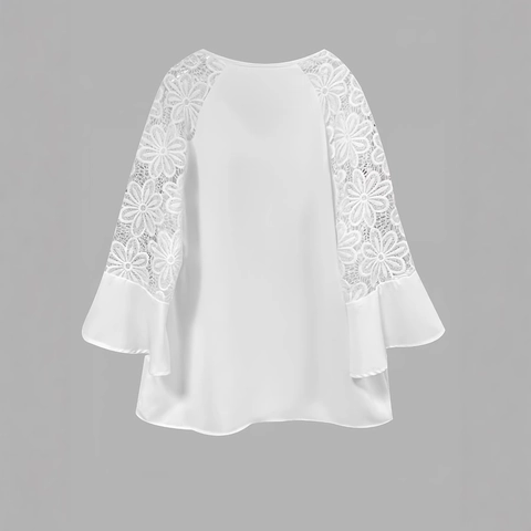 Elegante Weiße Damenbluse Mit Spitzen-Patchwork Bindehals Glockenärmel Einfarbig Casual Office Hemd Fashion Top