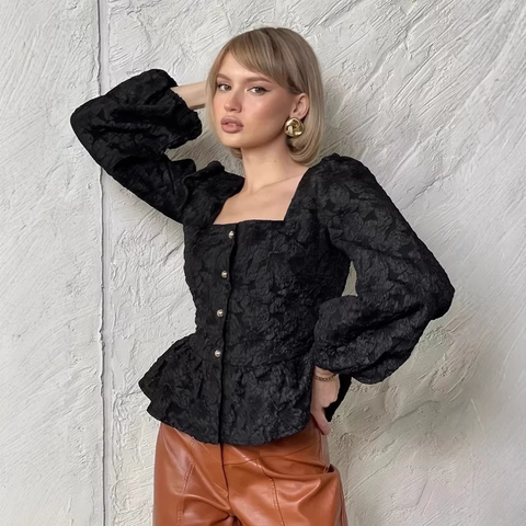 Women French Jacquard Square Neck Puff Sleeve Blouse Elegant Peplum Hem Long Sleeve Solid Color Button Up Shirt Top