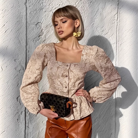 Women French Jacquard Square Neck Puff Sleeve Blouse Elegant Peplum Hem Long Sleeve Solid Color Button Up Shirt Top