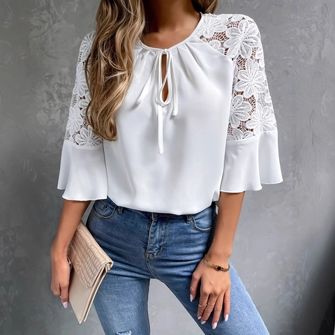 Damen Casual Weiße Bluse Spitzen-Patchwork Rundhalsausschnitt Schnürung Dreiviertelarm Glockenärmel Elegant Polyester Top