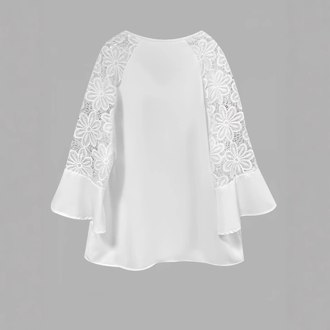 Damen Casual Weiße Bluse Spitzen-Patchwork Rundhalsausschnitt Schnürung Dreiviertelarm Glockenärmel Elegant Polyester Top