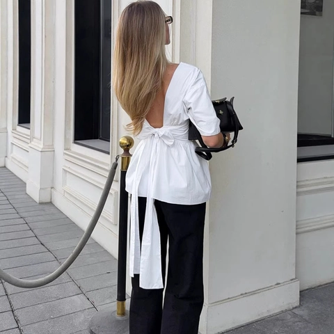 Vrouwen Elegante Katoenen Schootje Blouse Korte Mouw Ronde Hals Top Met Rugloze Grote Strik Chic Witte Pendelaar Overhemd