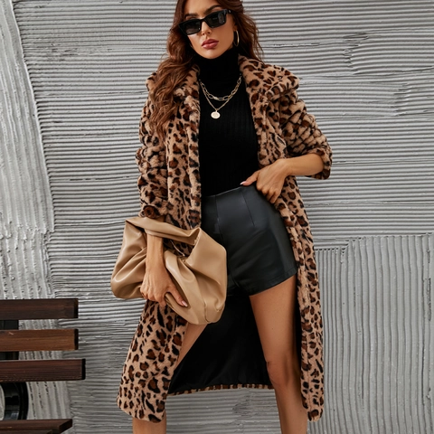 Damen Mode Langer Kunstpelzmantel Mit Leopardenmuster Winter Warm Revers Streetwear Oberbekleidung Mantel Jacke