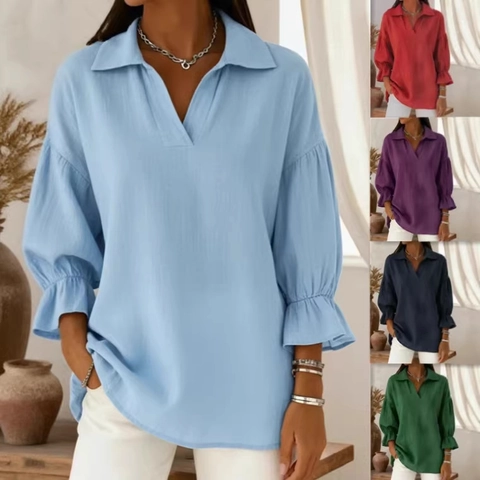Damen Elegant V Ausschnitt Laternenärmel Bluse Rüschenmanschette Lose Einfarbige Hemd Top Lässig Langarm Polyester Bluse