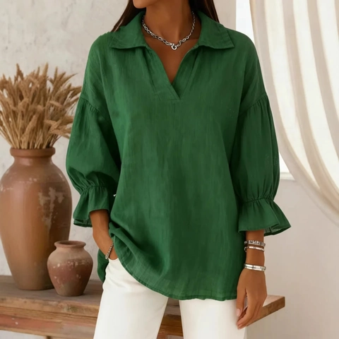 Damen Elegant V Ausschnitt Laternenärmel Bluse Rüschenmanschette Lose Einfarbige Hemd Top Lässig Langarm Polyester Bluse