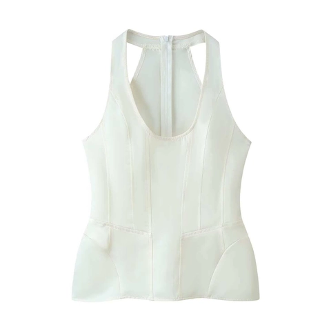 Women Sexy Halter Neck Corset Top Slim Fit Peplum Vest Backless Satin Look Solid White Summer Party Sleeveless Top
