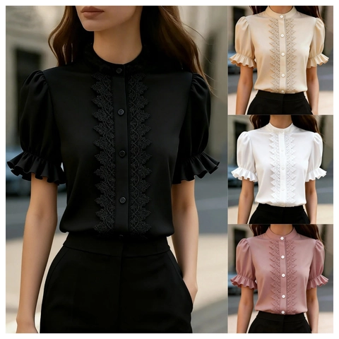 Women Elegant Stand Collar Lace Patchwork Puff Sleeve Short Sleeve Polyester Shirt Ruffle Cuff Solid Color Commuting Top